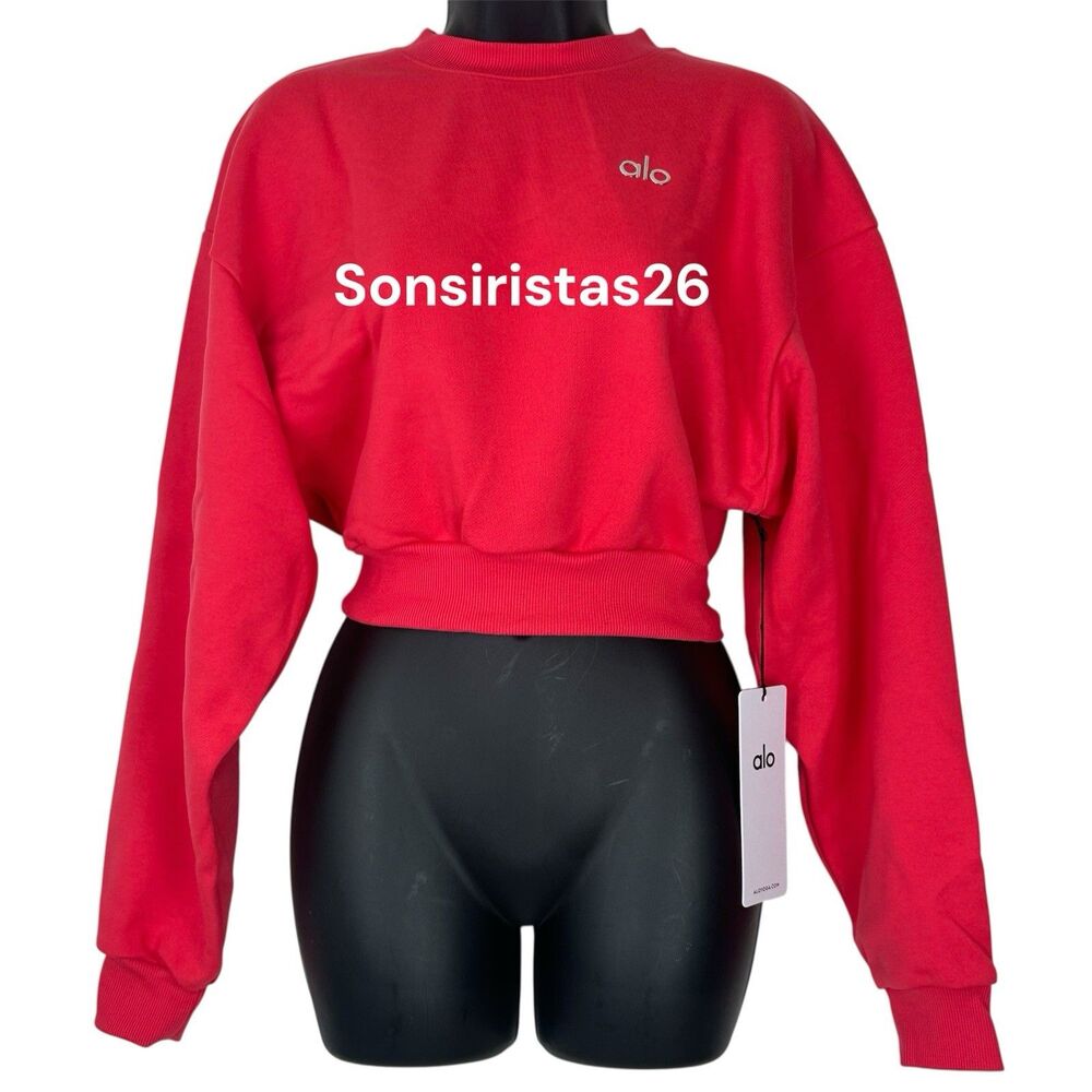 Alo Yoga Cropped Accolade Crew Neck Pullover Sweatshirt - Candy Red Size S